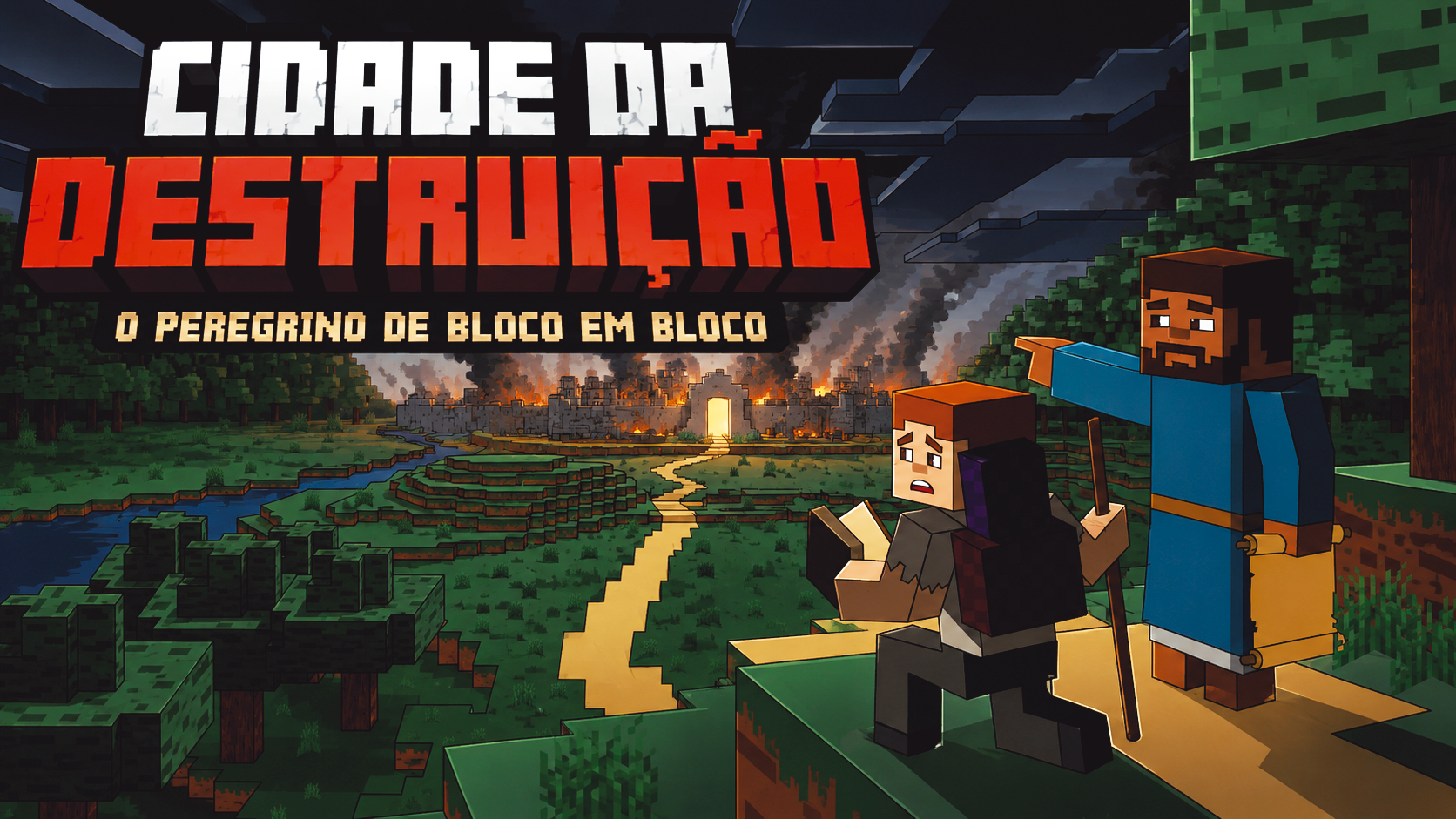 Cristão fugindo da Cidade da Destruição em um mundo construído em blocos