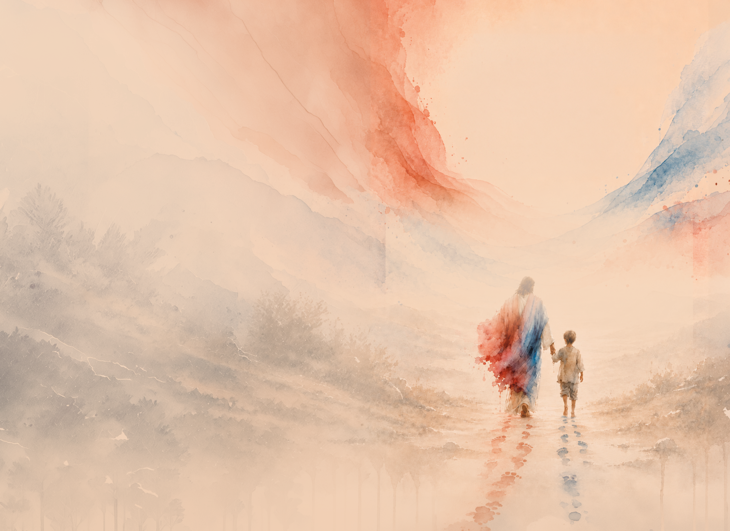 Jesus e uma criança caminhando por uma paisagem em aquarela